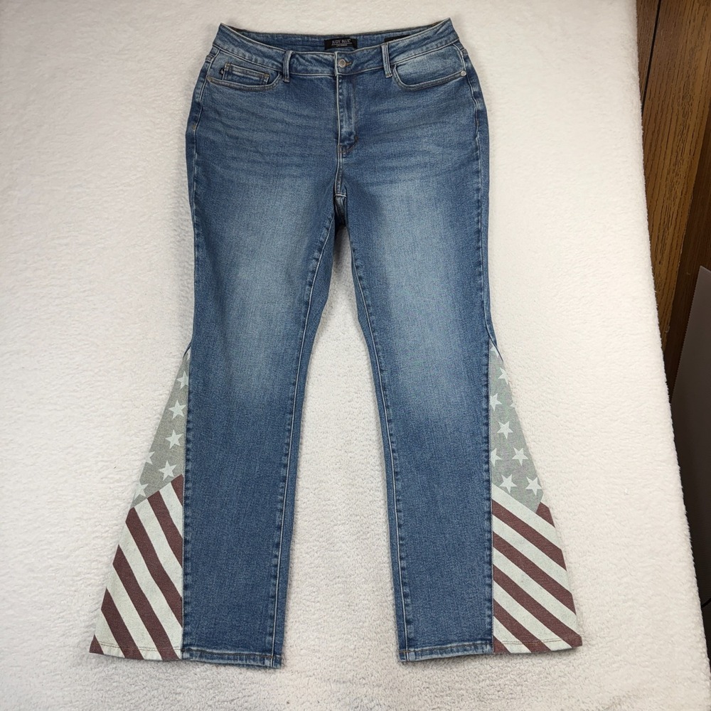 Judy Blue Jeans Womens 16W (34x30) Flare Leg Blue Stars Stripes Patriotic Hippie